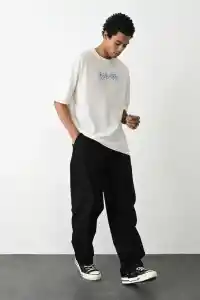Erkek Kısa Kol Yazlık Tişört Bisiklet Yaka Baskılı Oversize T-Shirt -  Beyaz