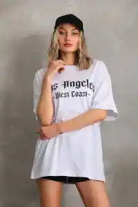 Kadın Baskılı Tişört Kısa Kol Bisiklet Yaka Oversize T-Shirt - Beyaz
