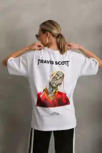Kadın Baskılı T-Shirt Kısa Kol Bisiklet Yaka Oversize Rahat Kalıp Günlük Tişört - Beyaz