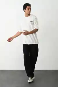 Erkek Kısa Kol Yazlık Tişört Bisiklet Yaka Baskılı Oversize T-Shirt - Beyaz