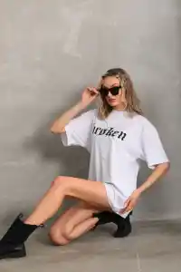 Kadın Kısa Kol Yazlık Tişört Bisiklet Yaka Baskılı Oversize T-Shirt - Beyaz