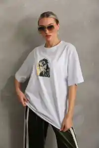 Kadın Baskılı T-Shirt Kısa Kol Bisiklet Yaka Oversize Rahat Kalıp Günlük Tişört - Beyaz