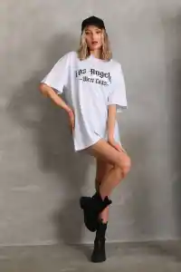 Kadın Baskılı Tişört Kısa Kol Bisiklet Yaka Oversize T-Shirt - Beyaz