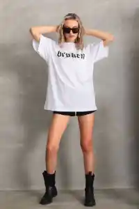 Kadın Kısa Kol Yazlık Tişört Bisiklet Yaka Baskılı Oversize T-Shirt - Beyaz