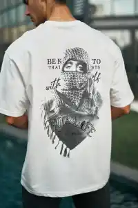 Erkek Kısa Kol Tişört Bisiklet Yaka Filistin Poşulu Baskılı T-Shirt - Beyaz