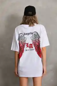 Kadın Baskılı Tişört Kısa Kol Bisiklet Yaka Oversize T-Shirt - Beyaz