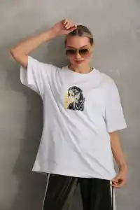 Kadın Baskılı T-Shirt Kısa Kol Bisiklet Yaka Oversize Rahat Kalıp Günlük Tişört - Beyaz
