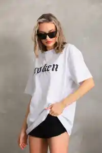 Kadın Kısa Kol Yazlık Tişört Bisiklet Yaka Baskılı Oversize T-Shirt - Beyaz