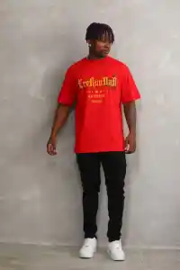 Erkek Baskılı T-Shirt Kısa Kol Bisiklet Yaka Rahat Kalıp Tişört - Kırmızı