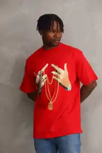 Erkek Baskılı T-Shirt Kısa Kol Bisiklet Yaka Rahat Kalıp Tişört - Kırmızı