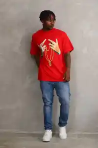 Erkek Baskılı T-Shirt Kısa Kol Bisiklet Yaka Rahat Kalıp Tişört - Kırmızı