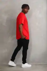 Erkek Baskılı T-Shirt Kısa Kol Bisiklet Yaka Rahat Kalıp Tişört - Kırmızı