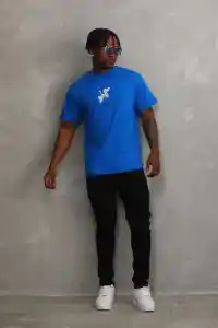 Erkek Baskılı T-Shirt Kısa Kol Bisiklet Yaka Rahat Kalıp Tişört - Mavi