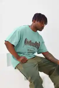 Erkek Baskılı T-Shirt Kısa Kol Bisiklet Yaka Rahat Kalıp Tişört - Mint Yeşili