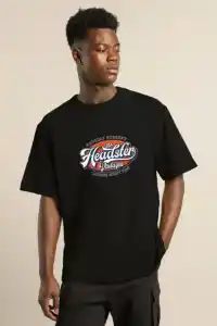 Erkek Baskılı T-Shirt Kısa Kol Bisiklet Yaka Regular Fit Rahat Kalıp Günlük Tişört - Siyah