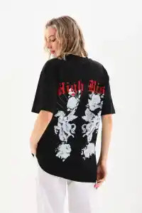 Kadın Kısa Kol Yazlık Tişört Bisiklet Yaka Baskılı Oversize T-Shirt - Siyah
