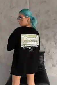 Kadın Baskılı T-Shirt Kısa Kol Bisiklet Yaka Oversize Rahat Kalıp Günlük Tişört - Siyah