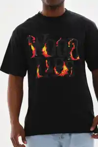Erkek Baskılı T-Shirt Kısa Kol Bisiklet Yaka Rahat Kalıp Tişört - Siyah