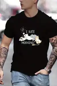 Erkek Baskılı T-Shirt Kısa Kol Bisiklet Yaka Regular Fit Rahat Kalıp Günlük Tişört - Siyah