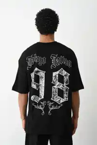 Erkek Kısa Kol Yazlık Tişört Bisiklet Yaka Baskılı Oversize T-Shirt - Siyah