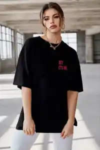 Kadın Baskılı T-Shirt Kısa Kol Bisiklet Yaka Oversize Rahat Kalıp Tişört - Siyah