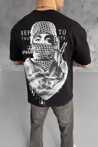 Erkek Kısa Kol Tişört Bisiklet Yaka Filistin Poşulu Baskılı T-Shirt - Siyah