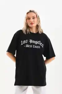 Kadın Baskılı Tişört Kısa Kol Bisiklet Yaka Oversize T-Shirt - Siyah
