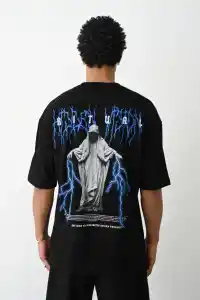 Erkek Baskılı Oversize  Kısa kol T-Shirt - Siyah