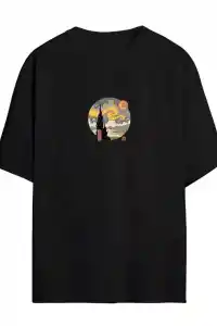 Kadın Baskılı T-Shirt Kısa Kol Bisiklet Yaka Oversize Rahat Kalıp Tişört - Siyah