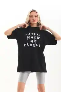 Kadın Kısa Kol Yazlık Tişört Bisiklet Yaka Baskılı Oversize T-Shirt - Siyah