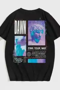 Kadın Baskılı T-Shirt Kısa Kol Bisiklet Yaka Oversize Rahat Kalıp Tişört - Siyah