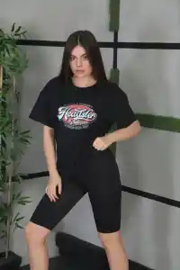 Kadın Kısa Kol Yazlık Tişört Bisiklet Yaka Baskılı Oversize T-Shirt - Siyah