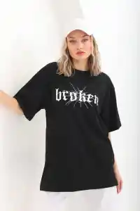 Kadın Kısa Kol Yazlık Tişört Bisiklet Yaka Baskılı Oversize T-Shirt - Siyah