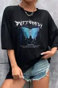 Kadın kelebek Baskılı Oversize kısa kol T-Shirt - Siyah