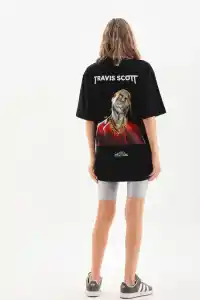 Kadın Baskılı T-Shirt Kısa Kol Bisiklet Yaka Oversize Rahat Kalıp Günlük Tişört - Siyah