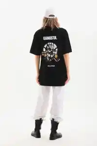 Kadın Kısa Kol Yazlık Tişört Bisiklet Yaka Baskılı Oversize T-Shirt - Siyah