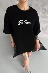 Kadın Baskılı T-Shirt Kısa Kol Bisiklet Yaka Oversize Rahat Kalıp Günlük Tişört - Siyah