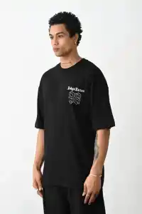 Erkek Kısa Kol Yazlık Tişört Bisiklet Yaka Baskılı Oversize T-Shirt - Siyah