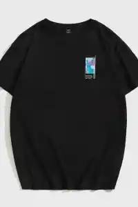 Kadın Baskılı T-Shirt Kısa Kol Bisiklet Yaka Oversize Rahat Kalıp Tişört - Siyah