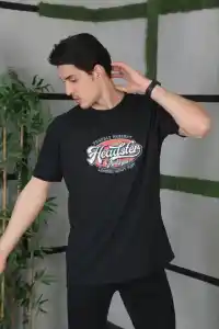 Erkek Baskılı T-Shirt Kısa Kol Bisiklet Yaka Regular Fit Rahat Kalıp Günlük Tişört - Siyah