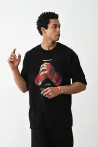 Erkek Boxy Eldiven Baskılı T-Shirt Kısa Kol Bisiklet Yaka Tişört - Siyah