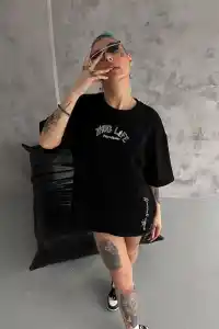 Kadın Kısa Kol Tişört Bisiklet Yaka Filistin Poşülü Baskılı T-Shirt - Siyah