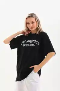 Kadın Baskılı Tişört Kısa Kol Bisiklet Yaka Oversize T-Shirt - Siyah