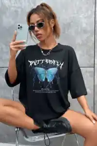 Kadın kelebek Baskılı Oversize kısa kol T-Shirt - Siyah