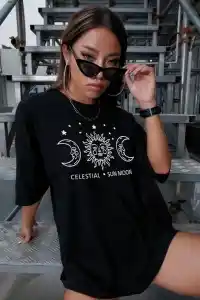 Kadın Baskılı T-Shirt Kısa Kol Bisiklet Yaka Oversize Rahat Kalıp Tişört - Siyah