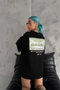 Kadın Baskılı T-Shirt Kısa Kol Bisiklet Yaka Oversize Rahat Kalıp Günlük Tişört - Siyah