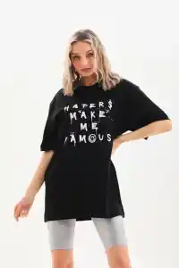 Kadın Kısa Kol Yazlık Tişört Bisiklet Yaka Baskılı Oversize T-Shirt - Siyah