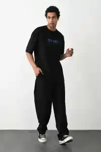 Erkek Baskılı Oversize  Kısa kol T-Shirt - Siyah