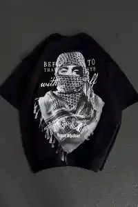Kadın Kısa Kol Tişört Bisiklet Yaka Filistin Poşülü Baskılı T-Shirt - Siyah