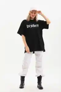 Kadın Kısa Kol Yazlık Tişört Bisiklet Yaka Baskılı Oversize T-Shirt - Siyah